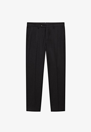 Black trousers made from smooth fabric, featuring a straight-leg design, front pockets, and a single button closure at the waist.