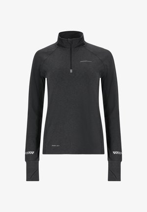 Zwarte lange mouwen quarter-zip sporttop van ademend materiaal. Voorzien van raglanmouwen, subtiele logo en sneldrogende tekstdetail.