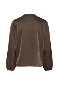Blouse longue à manches en satin marron avec encolure ronde et poignets élastiques, vue de dos sur fond blanc.