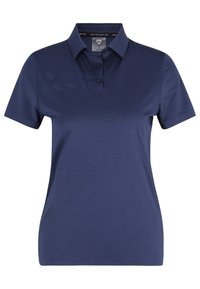 Marinblå polo med korta ärmar, treknapps knäppning och meshdetalj på vänster sida. Tillverkad av ett lent, lätt tyg.