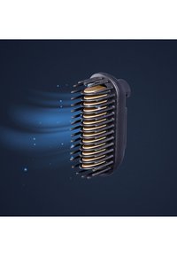 Hårbørste med en svart plastkropp, gullfargede sirkulære detaljer og lange, fleksible bust som er ordnet i en rad for å løse opp hår.