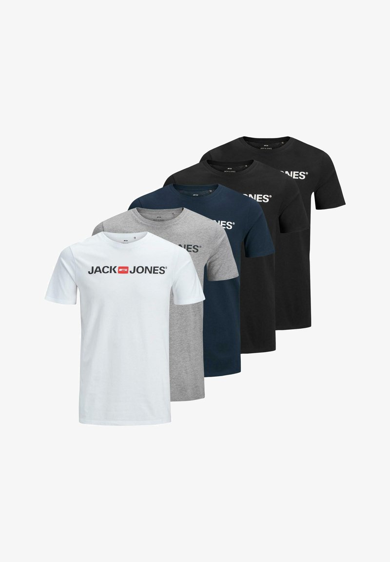 Fünf T-Shirts in Weiß, Grau, Marineblau und Schwarz. Weicher Baumwollstoff mit Rundhalsausschnitt, kurzen Ärmeln und einem Logo-Druck auf der Vorderseite.