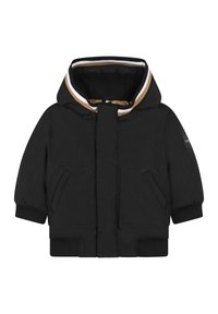 Veste rembourrée noire avec capuche, dotée d'une doublure intérieure rayée en noir, blanc et marron, et de poches frontales plaquées. Poignets élastiques.