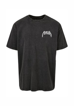Black cotton T-shirt featuring a round neckline, short sleeves, and a white graphic print saying "PAPILLON" on the left chest area.