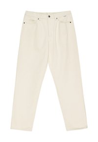 Beige farmernadrág, egyenes szabású, öt zsebbel, gombos záródással és diszkrét varrásokkal. Simar texture, minimális részletezéssel.