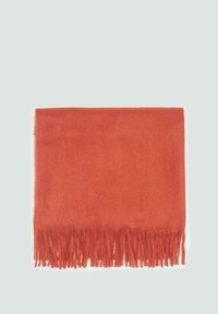 Écharpe avec des franges rouges, fabriquée en matériau doux. Elle pr�ésente une texture subtile et une forme rectangulaire, mesurant environ 70 cm par 180 cm.