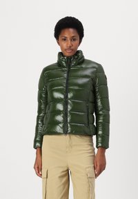 Groene donsjack met een glanzende afwerking, verticale gestepte ontwerp, hoge kraag, rits aan de voorkant en twee zijzakken met rits. Gdragend met beige broek.