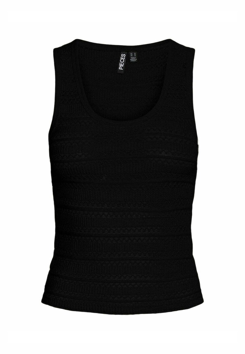 Juodas megztas tank topas, pasižymintis tekstūruotu raštu ir apvaliu iškirpimu. Be rankovių dizainas su prigludusiu siluetu.