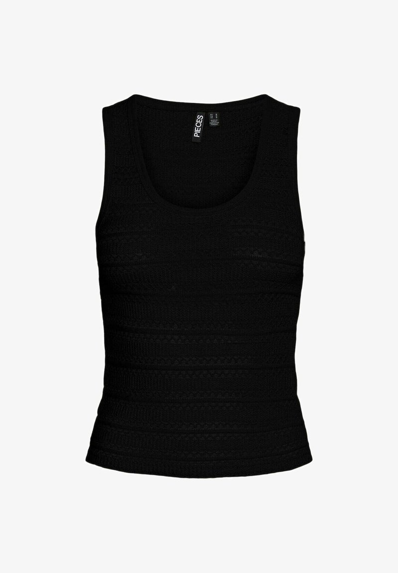 Juodas megztas tank topas, pasižymintis tekstūruotu raštu ir apvaliu iškirpimu. Be rankovių dizainas su prigludusiu siluetu.