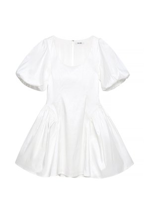 White short-sleeve dress with a fitted bodice, gathered detailing, and a flared skirt. Made of lightweight fabric, featuring a round neckline.