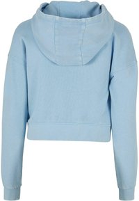 Šviesiai mėlynas medvilninis trumpas džemperis su kapuce, ilgomis rankovėmis ir raukšlėmis ant rankovių. Lygus paviršius su minimaliomis siūlėmis.