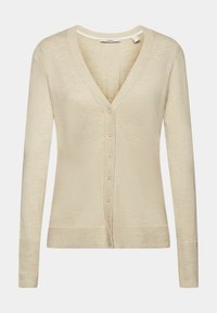 Beżowy kardigan z długimi rękawami, dekoltem w serek i zapięciem na sześć guzików. Żebrowane mankiety i dół, gładka tekstura. Lekki materiał.