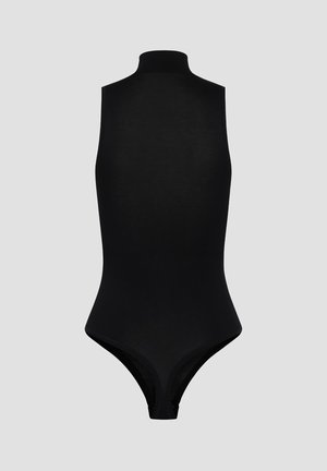 Zwarte mouwloze body met hoge hals, gemaakt van een gladde stof. Bevat een aansluitende silhouet en hoge uitsnijdingen voor de benen.
