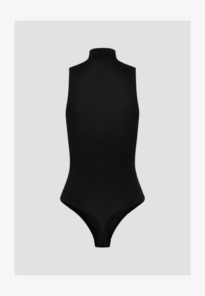 Zwarte mouwloze body met hoge hals, gemaakt van een gladde stof. Bevat een aansluitende silhouet en hoge uitsnijdingen voor de benen.