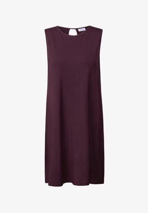 Švestkově fialové šaty bez rukávů s kulatým výstřihem a detaily ve tvaru klíčové dírky na zadní straně. Hladká, měkká tkanina s uvolněným střihem a délka ke kolenům.