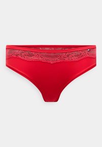 Rød bikini bund lavet af glat materiale, med en blonde talje med et blomsterdesign og subtile teksturerede detaljer.