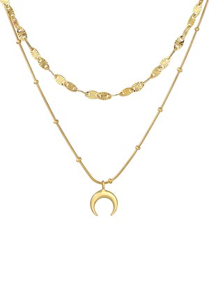 Gelaagde gouden ketting met een gearceerde ovale schakel en een gladde halve maan hanger. Strakke en gepolijste afwerking met kleine kralen.