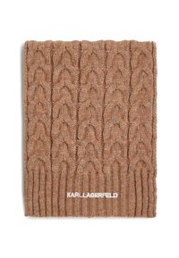 Écharpe en tricot marron avec un motif en torsades, texture douce et finition côtelée. "KARL LAGERFELD" est brodé en blanc sur le bord.