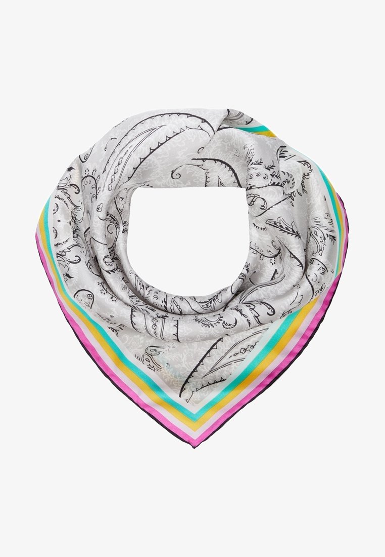 Foulard en soie blanc avec motifs cachemire noirs et bordure rayée colorée rose, jaune, turquoise et verte, plié en forme de boucle.