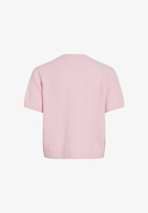 Světlounce růžový krátký svetr s kulatým výstřihem, žebrovaným lemem a měkkou pletenou texturou. Minimalistický design bez viditelných vzorů nebo dekorací.