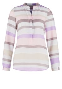Blouse à manches longues avec des rayures horizontales en violet pastel, beige, rose et blanc, avec un petit col montant et une fente à l'encolure devant.