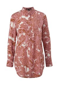 Blouse met lange mouwen met een bloemenpatroon in bruin en roze op een witte achtergrond, met een knoopsluiting aan de voorkant en een klassieke kraag.