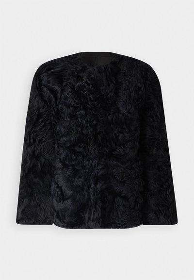 Black, textured jacket with a fluffy, fur-like finish; long sleeves; round neck; features smooth fabric along the neckline and hem.