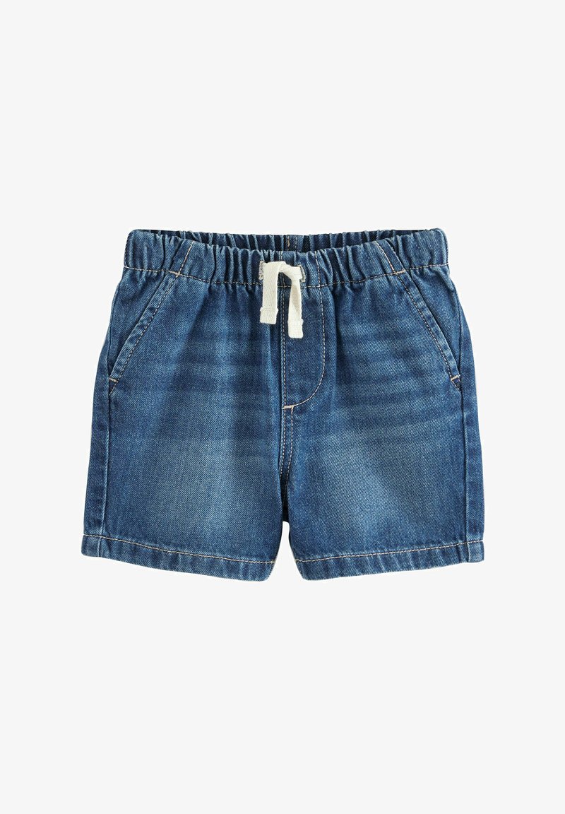 Shorts in denim con vita elastica e laccetto bianco, due tasche laterali, in un lavaggio blu medio con lievi scolorimenti.