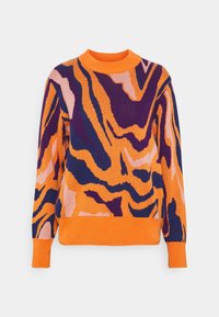 Jersey de punto en un vibrante color naranja con un patrón abstracto en morado y rosa. Presenta un cuello redondo acanalado en naranja y puños a juego.