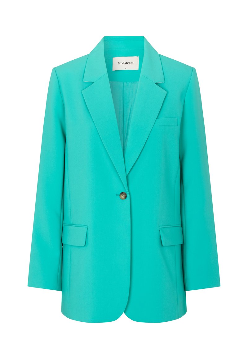 Turquoise blazer van een gladde stof, met een notch-kraag, een enkele knoopsluiting en twee voorkruiszakken met een minimalistisch ontwerp.