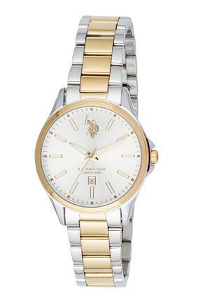 Orologio da polso U.S. Polo Assn. con cinturino metallico oro e argento, quadrante bianco, indici dorati delle ore, datario e logo a ore 12.