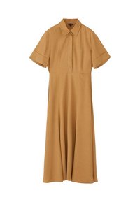 Midi-length tan dress with short sleeves, a pointed collar, and a concealed front button placket, featuring a fitted waist and flared skirt.