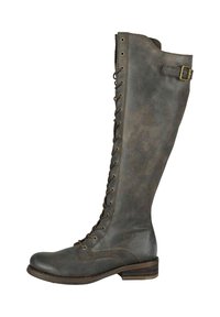 Botas de cuero gris hasta la rodilla con parte delantera con cordones, textura sutil y una pequeña hebilla metálica en el lateral. Suela plana con un tacón bajo.