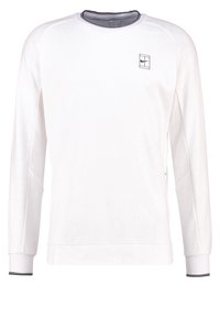 White Dri-FIT sweatshirt with long sleeves, ribbed cuffs, and black accent details. Features a small logo on the upper left chest.