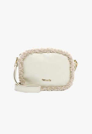 Balta mākslīgā āda crossbody soma ar teksturētu beiga šuvi, zelta aksesuāriem un regulējamu siksnu. Kompakta taisnstūra forma.