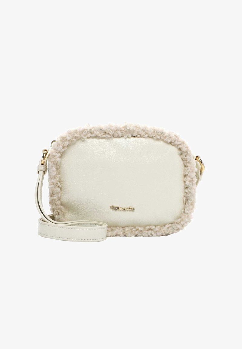 Balta mākslīgā āda crossbody soma ar teksturētu beiga šuvi, zelta aksesuāriem un regulējamu siksnu. Kompakta taisnstūra forma.