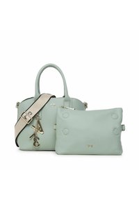 Borsa a tracolla in pelle verde menta con doppi manici, tracolla rimovibile e dettagli in tonalità oro. Include una pochette abbinata con dettagli arrotondati.