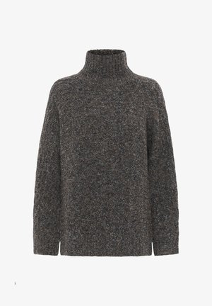 Oversized turtleneck sweater in dark gray and brown mélange, made from textured knit fabric, featuring drop shoulders and side slits.