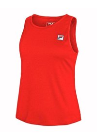 Camiseta sin mangas roja hecha de tejido suave, con un escote redondeado y un pequeño parche de logo en la parte superior izquierda.