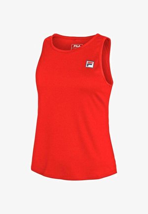 Camiseta sin mangas roja hecha de tejido suave, con un escote redondeado y un pequeño parche de logo en la parte superior izquierda.
