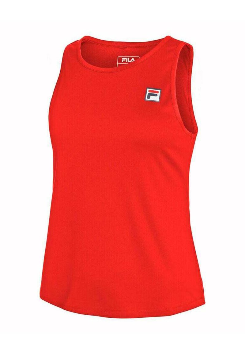 Camiseta sin mangas roja hecha de tejido suave, con un escote redondeado y un pequeño parche de logo en la parte superior izquierda.