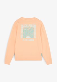 Bluza z okrągłym dekoltem w kolorze brzoskwiniowym, z graficznym wzorem w jasnoniebieskim kolorze. Tekst zawiera słowa "SCALPERS" i "BROTHERHOOD" wokół motywu słońca.
