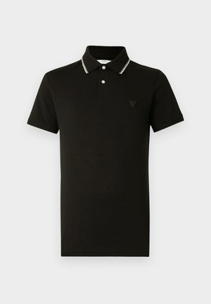 Black polo shirt made of cotton, featuring a contrasting white-striped collar, two-button placket, and a small triangular logo on the chest.