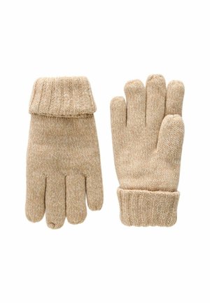 Gants en tricot beige avec des poignets côtelés et un design à cinq doigts. Fabriqués en fil doux, présentant un motif texturé sur l'ensemble.