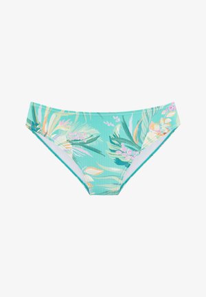 Turquoise bikini bottoms with a ribbed texture and tropical floral print in shades of pink, green, and orange on a white background.