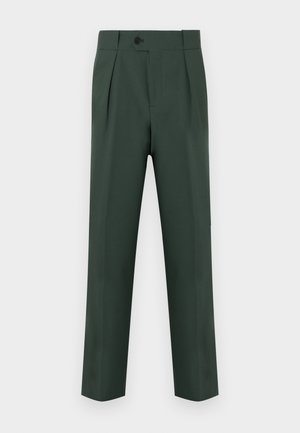 Dunkelgrüne, hoch taillierte, maßgeschneiderte Hose mit vorderen Falten, Knopfverschluss und schmalen, geraden Beinen.