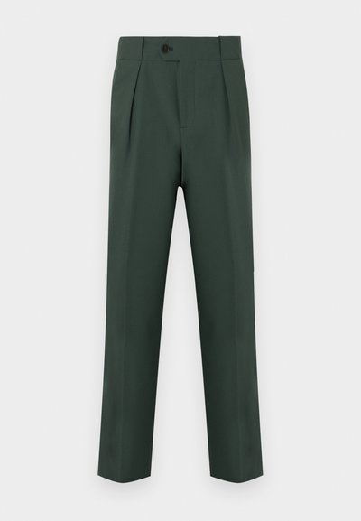 Πράσινο σκουρο πράσινο παντελόνι με υψηλή μέση, διακοσμητικές πιέτες μπροστά, κλείσιμο με κουμπί και στενές ίσιες μπροστινές γραμμές.