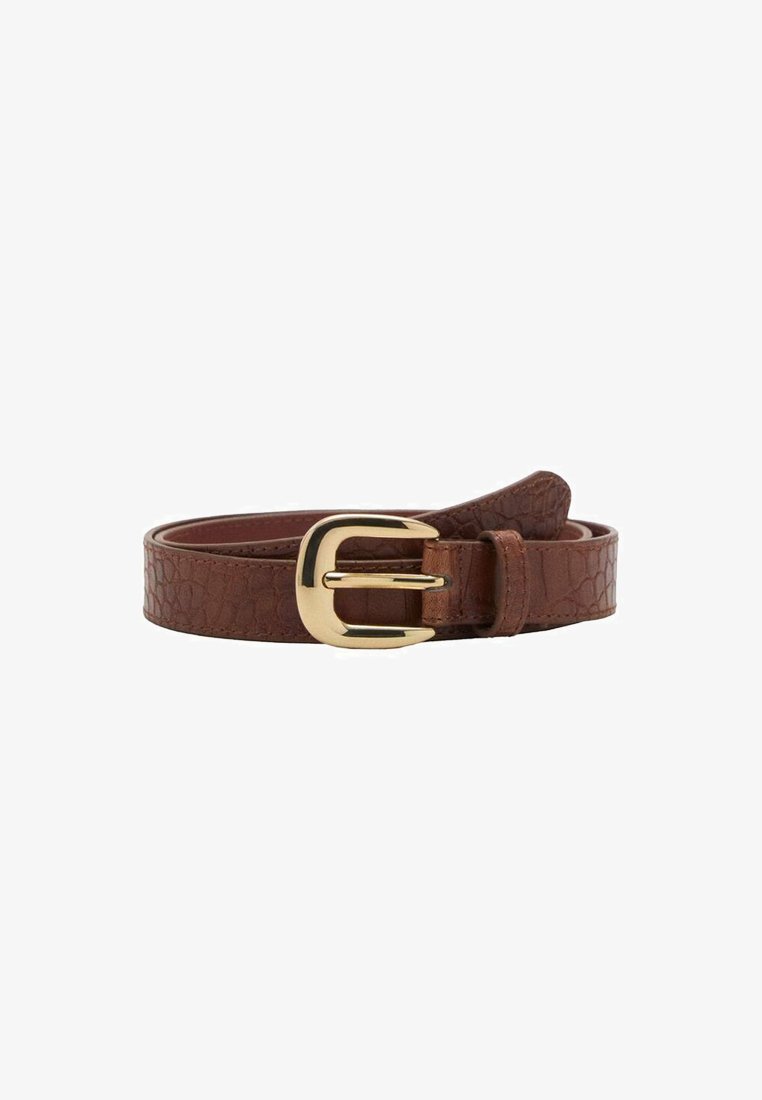 Brown leather belt featuring a textured design, gold metal buckle, and a sleek, minimal shape. Adjustable length with a classic finish.