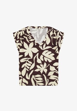 Korte mouw, v-hals top in bruin met een crème bloemenpatroon en oversized bladeren. Gemaakt van lichtgewicht stof.