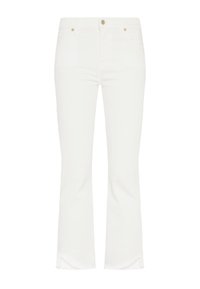Witte flared jeans van denim met een klassiek vijf-pocket ontwerp, knoopsluiting aan de voorkant, rafelige zoom en een matte textuur.